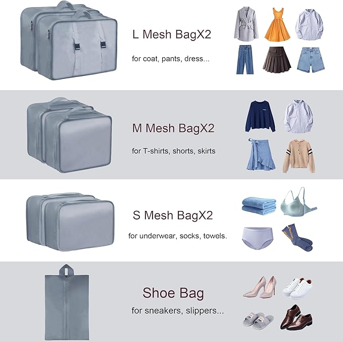 Packing Cubes 7 Pcs Travel Packing Cubes for Suitcases Large Capacity Travel Luggage Organizer Bags for Carry-on Luggage (Grey)