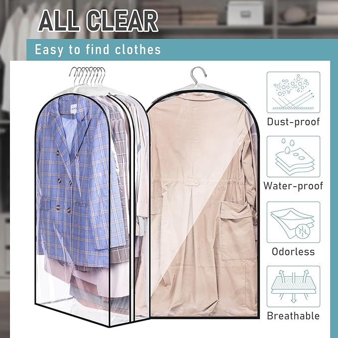 MISSLO 10" Gusseted All Clear Garment Bags for Hanging Clothes 40"+60" Suit Bags for Closet Storage Dresses Protectors for Shirts, Coats, Gowns, 3 Packs