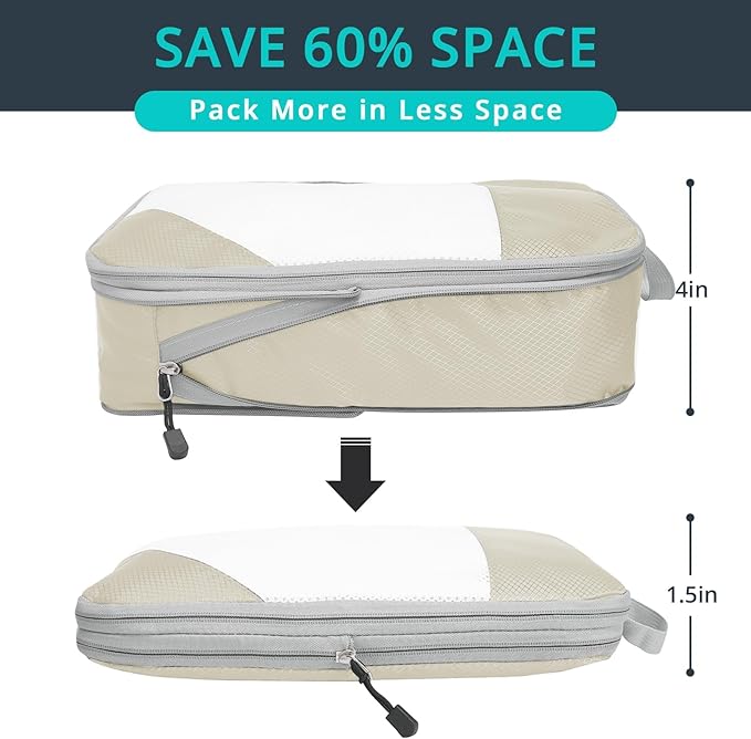 Compression Packing Cubes 8 Set, Compressible Space-Saving Packing Cubes for Travel - Compression Bags, Luggage Organizer, Travel Essentials for Women, Beige
