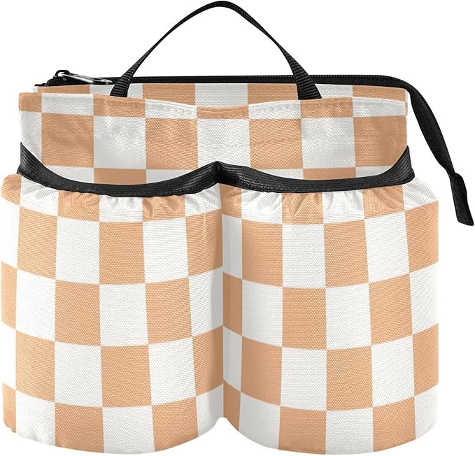Luggage Cup Holder for Suitcases Free Hands Travel Cup Holder Portable Suitcase Cup Drink Holder Luggage Cup Caddy Bag Carrier Checkered Orange and White