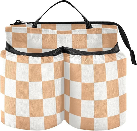 Luggage Cup Holder for Suitcases Free Hands Travel Cup Holder Portable Suitcase Cup Drink Holder Luggage Cup Caddy Bag Carrier Checkered Orange and White