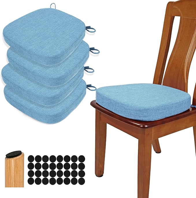 BUYUE Thickened 2.5" Dining Chair Cushions Set of 4, U-Shape High Density Foam Comfortable Chair Pads for Kitchen, Slip Resistant Indoor Seat Cushions (4 PCS, Light Blue)