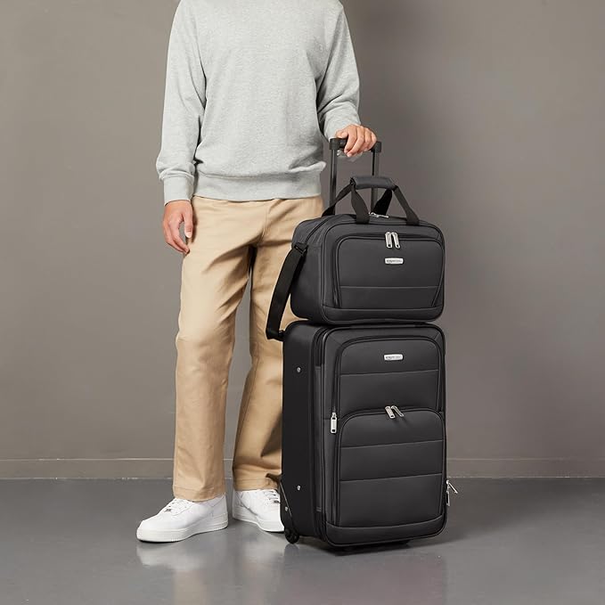 Amazon Basics Softside Luggage Set, 23-Inch Expandable Suitcase with Wheels and 15-Inch Tote, Extra Space (+15%), Front Pockets, Telescopic Handle, Black