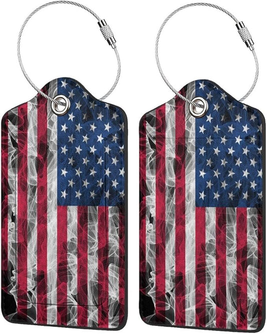 2 Pack American Flag Luggage Tags for Suitcases, Cool Leather Luggage Tag for Travel, Bag Tag Privacy Name ID Card Bag Labels for Friends Adults Kids Tourists