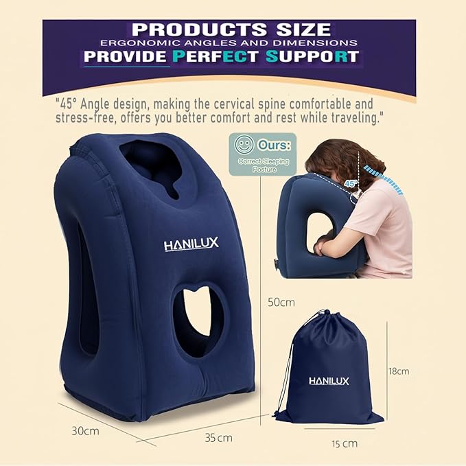 Inflatable Travel Pillows for Airplanes, Blow Up Travel Pillow for Train Office Car with Chin and Neck Support, Travel Pillow for Sleep Support with Eye Mask,Storage Bag & Earplugs (Navy Blue)