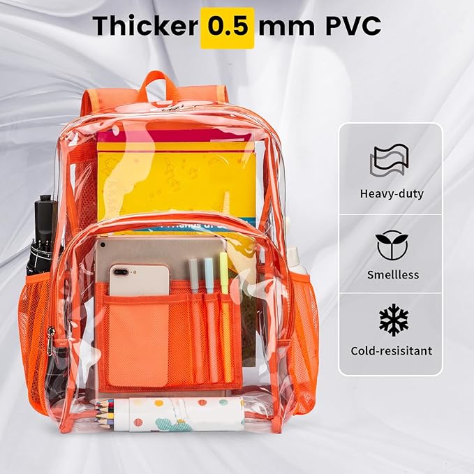 Vorspack Clear Backpack Heavy Duty PVC Transparent Backpack with Reinforced Strap Stitches & Large Capacity for College Workplace Security - Orange