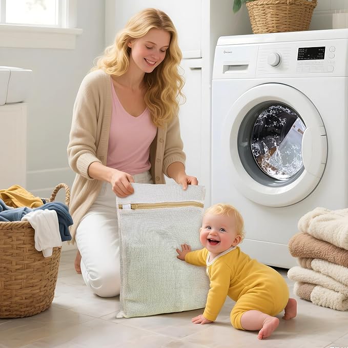 Natural Cotton Mesh Laundry Bags 12x16" 3-Pack,Gentle Wash for Lingerie, Baby Clothes & Travel Essentials