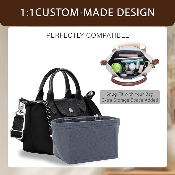 Premium Felt Purse Organizer Insert for Longchamp Le Pliage Energy/Xtra -XS, Zipper Long Champ Bag Organizer Insert with 4 Compartments