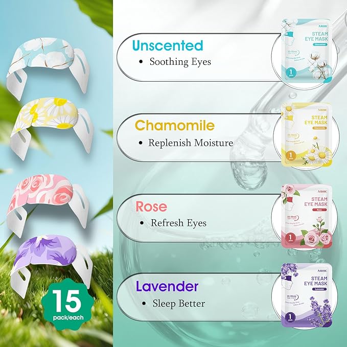 AROIC 60 Pack Steam Eye Masks Disposable, Heated Eye Mask Warm Compress for Eyes, Relaxation Mothers Day Gifts Self Care for Women, Spa Travel Essentials - Lavender, Unscented, Chamomile, Rose