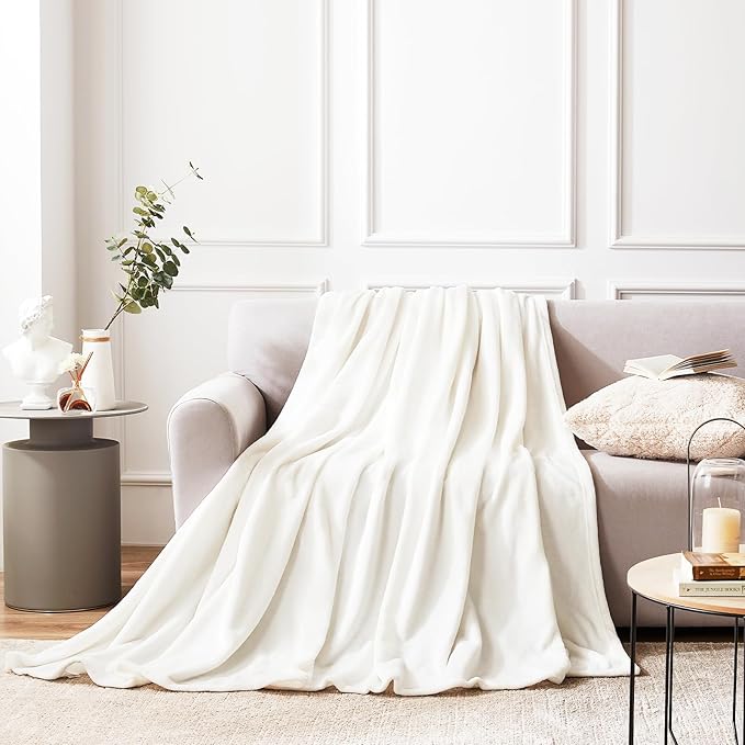 Hansleep Fleece Blanket for Couch White, Super Soft Throw Blanket Flannel Fuzzy, Plush Cozy Blanket for All Seasons, White, Throw 50x60 Inches