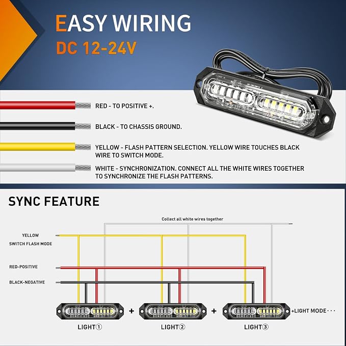 Nilight 8PCS LED Strobe Lights 12V 24V Amber White Sync Feature Ultra Slim | Blue White 12 LED Emergency Hazard Warning Lights Flashing Warning Mini Surface Mount Grille for Car Truck Camper trailer SUV