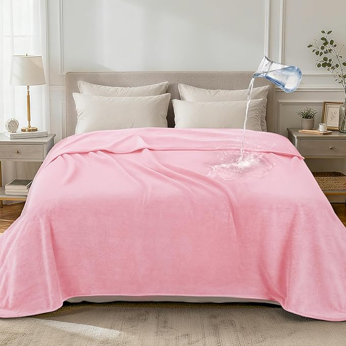 LOOBANI Waterproof Blanket for Bed: Reversible Leakproof Full/Queen Bed Blankets 80" x 90", Soft Flannel & Coral Fleece Bed Blanket Water Resistant for Couch Sofa Cover, Movie Time, Camping, Pink