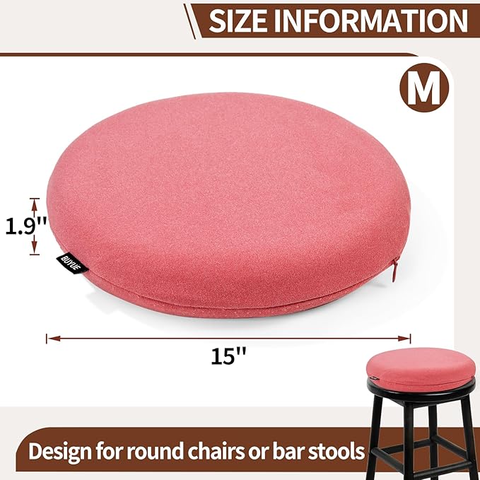 BUYUE Memory Foam Seat Cushion, Dia 15" Soft Velvet Round Stool Cushion Anti-Slip Chair Pads, M, Rose Pink