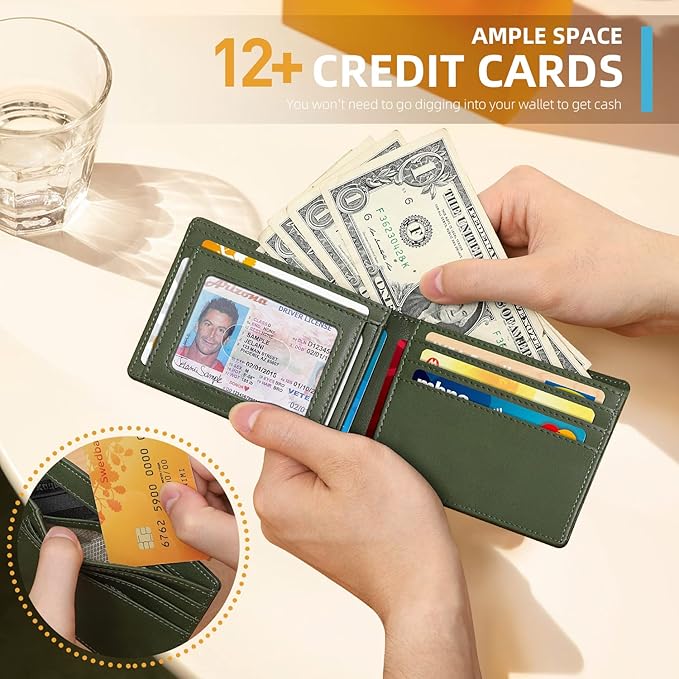 RUNBOX Wallet for Men Slim 11 Credit Card Holder Slots Leather RFID Blocking Small Thin Men's Wallet Bifold Minimalist Front Pocket Large Capacity Gift Box