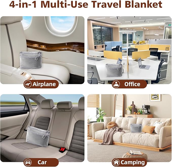 Travel Blanket with Carry Bag, Lightweight Wearable Airplane Blanket, Soft Packable Throw for Travel & Office Coffee Brown