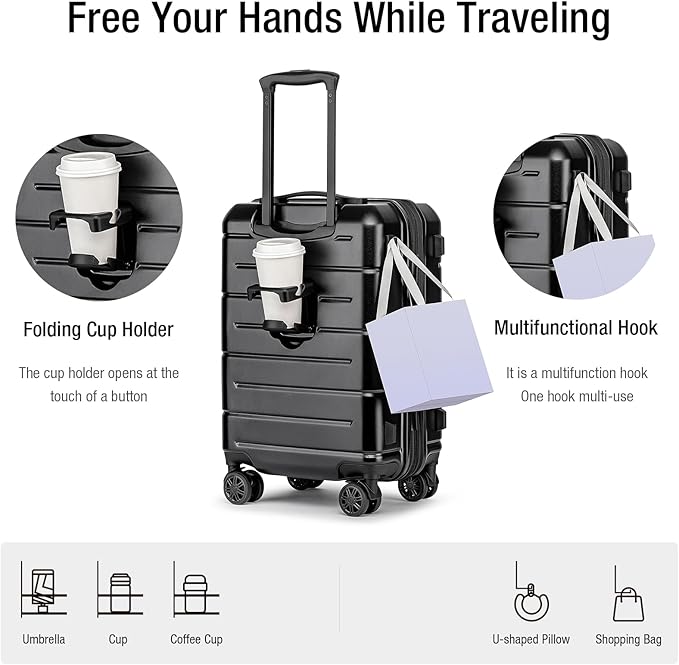 KYME Carry On Luggage 22x14x9 Airline Approved Expandable Hardshell 20 Inch Luggage with TSA Lock Carry-On Suitcase with Wheels Small Travel Rolling Luggage with Cup Holder Black