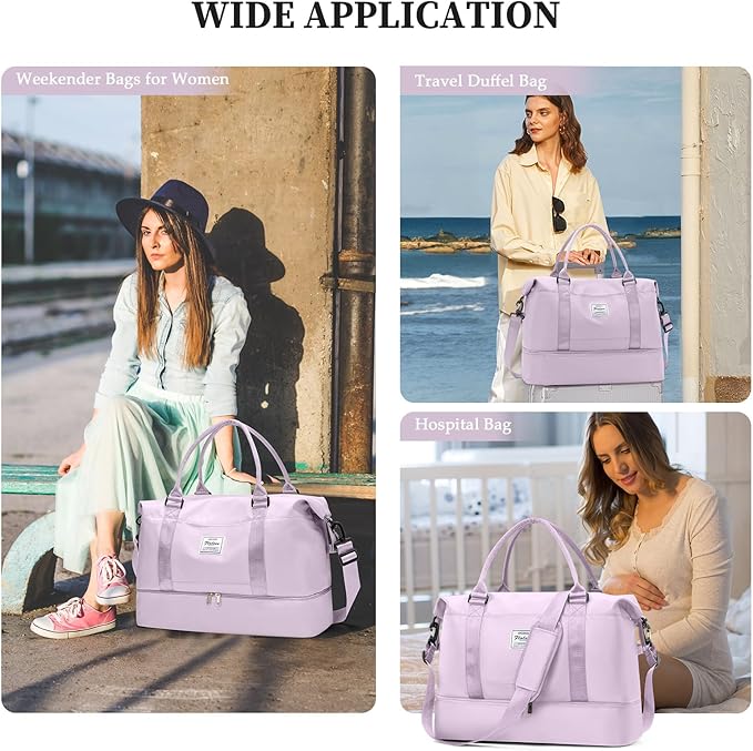Weekender Bags for Women,Carry On Overnight Travel Duffel Personal Item Bag with Shoes Compartment & Grid Toiletry Bag,Large,Purple