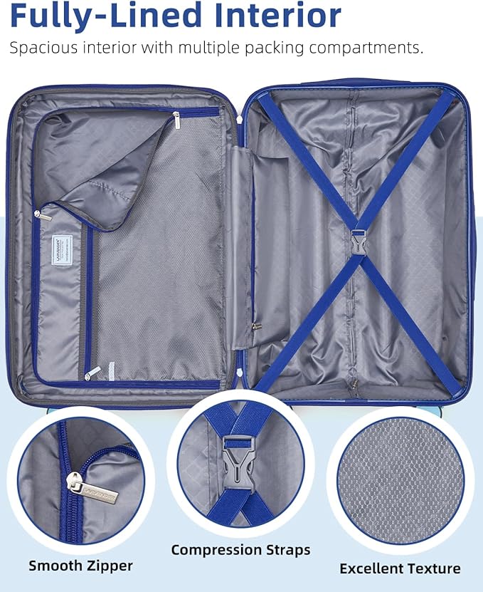 LARVENDER Carry on Luggage 22x14x9 Airline Approved, 20 Inch Hardside Suitcase with Wheels TSA Lock, PC+ABS Lightweight Travel Luggage Sets for Women, Navy Glow, 3 Piece Set