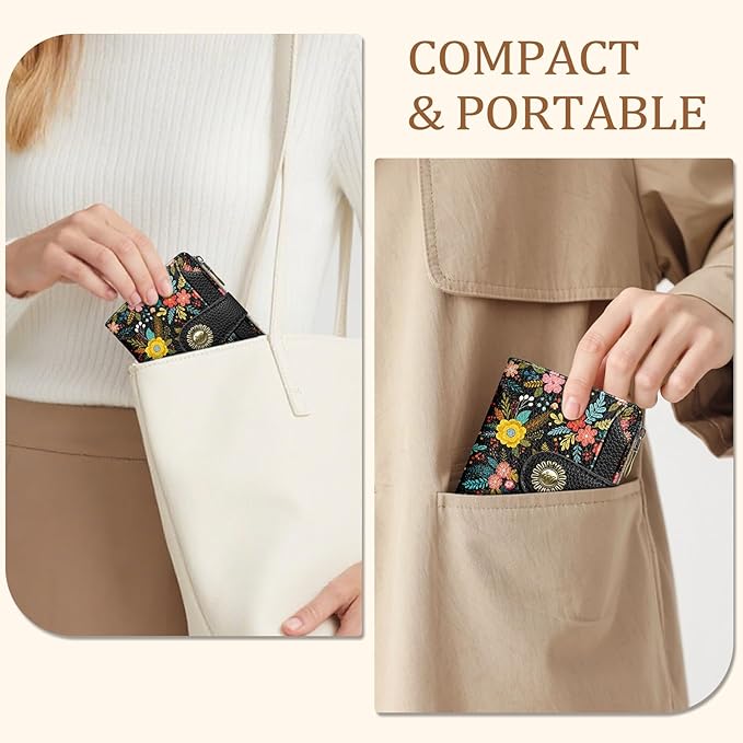 Icycay Floral Flowers Small Wallet Women RFID Blocking Bifold, Credit Card Holder, Zipper Coin Pocket, PU Leather, Compact, Travel, 4 ID Window, 14 Card Slots, Cash Purse, Ladies Woman Female Girls