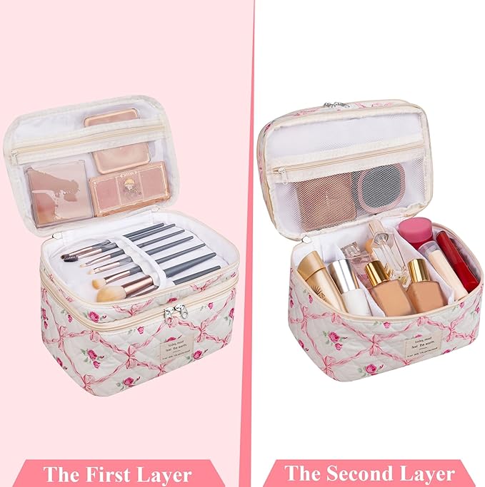 Makeup bag, Large Cosmetic Bag for Women Girls, Cute Quilted Makeup Bags, Floral Coquette Aesthetic Toiletry Bag, Travel Make Up Organizer Bag (Pink)