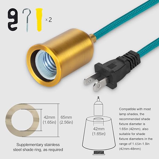 Teal Hanging Lamp Cord 15FT, Plug in Swag Light Kit, 2-Pack | Two independent hanging cords, 18AWG wire, porcelain E26 sockets, gold aluminum shells