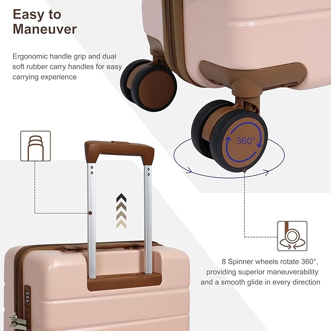 20-Inch Carry-On Luggage Set (3-Piece) – Lightweight & Durable Hardshell Spinner Suitcase with TSA Lock | PC+ABS Material | Airline Approved for Business and Family Travel, in Pink