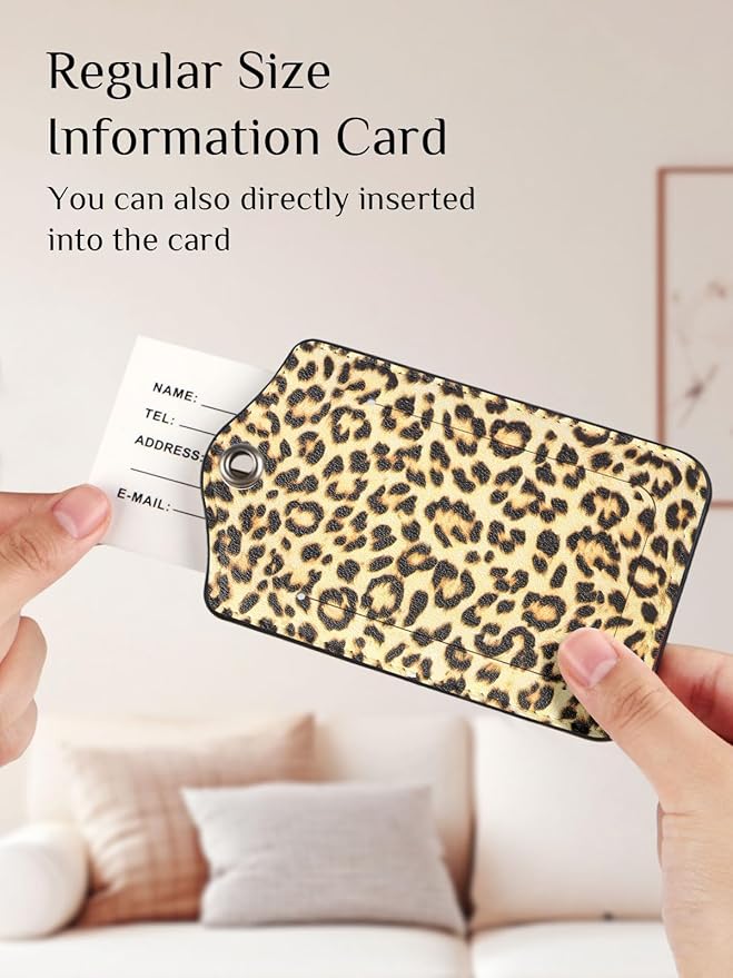 Seorsok 2 PCS Luggage Travel Tags for Suitcases,Cute Gold Leopard PU Leather Name Tag with Privacy Cover&ID Label Address Card and Durable Metal Ring Suitable for Men Women Handbags Backpack,Golden