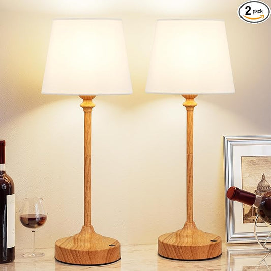 Kakanuo Cordless Table Lamps Rechargeable Set - 2 Pack Wooden 4000mAH Battery Operated Lamps for Decor, 3000K Stepless Dimming Touch Control Wireless Lamps for Bedroom, Dining Table
