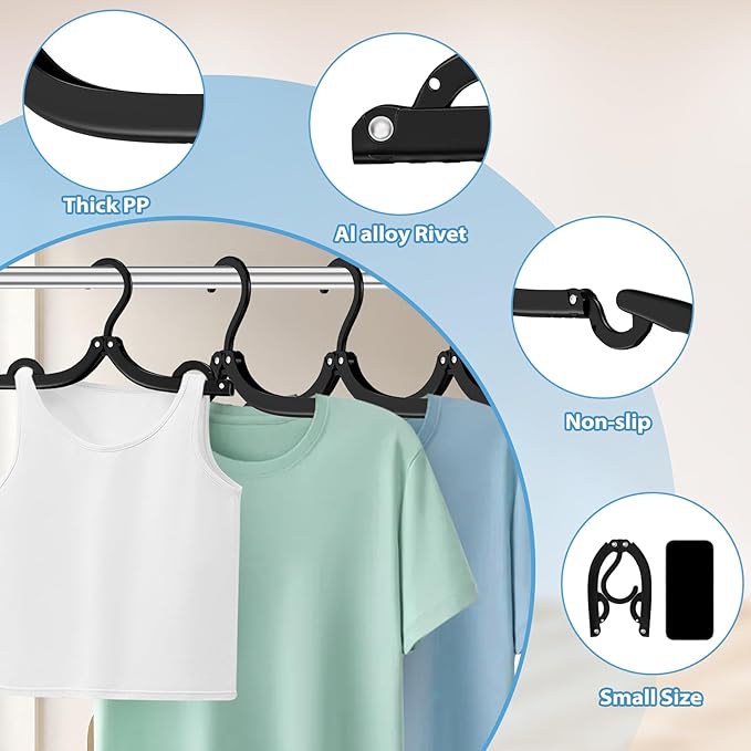 12Pcs Portable Travel Hangers for Cruise Ship Essentials 2026 with 24 Clips, Plastic Folding Foldable Hangers Clothes Drying Rack Travel Accessories for Suitcase, RV, Camping, Road Trip (Black)