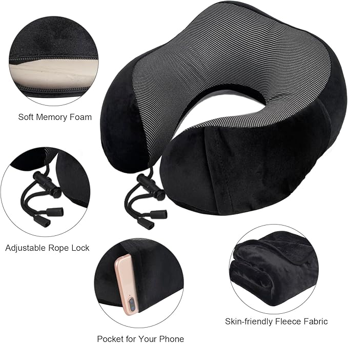 Travel Blanket and Pillow Set - Travel Neck Pillow & Blanket for Airplane, Thick Fleece Blankets Campact with Bag, Memory Foam Neck Pillows, Sleep Mask, Earplugs for Plane Traveling Essentials, Black