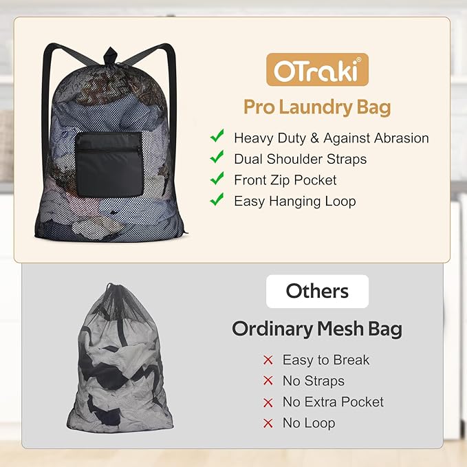 OTraki Mesh Laundry Bag Backpack 24x32 Inch Gym Drawstring Backpack Travel Dirty Clothes Bags with Pocket & Adjustable Shoulder Straps for College Dorm Apartment Don't Drying, Melting 140-176℉ (Black)