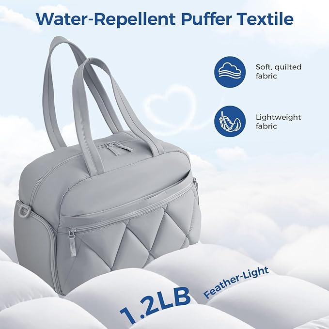 Gym Bag for Women, Puffer Travel Duffle Bag With Shoes Compartment & Wet Pocket, Carry On Tote Bag For Weekender, Overnight, Sport duffel bags for traveling (Grey, Medium)