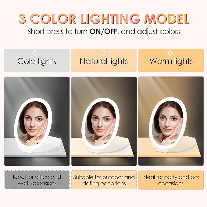 COSYGLOW Travel Makeup Mirror with Light: 3 Color Lighting Portable Mirror with Touch Screen Rechargeable Adjustable LED Lights Hexagon Vanity Mirror for Travel, Desk, Home (Round White)
