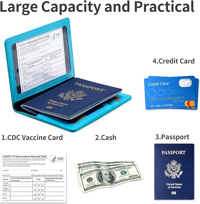 Passport Holder Cover Wallet Case RFID Blocking Leather Card Slot Travel Accessories Documents Organizer Protector for Women Men, Sky Blue
