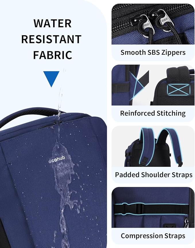 ECOHUB 40L Carry-On Travel Backpack, TSA-Friendly, Anti-Theft Water-Resistant Lightweight with 17.3″ Laptop Compartment, Durable PFAS-Free Rucksack, Blue