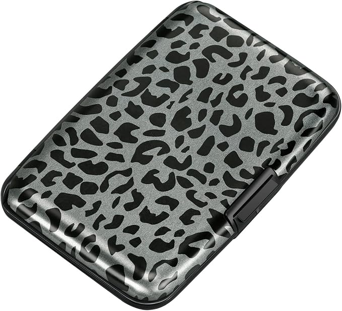 ELFISH Mini RFID Aluminum Wallet Credit Cards Holder Business Card Case Metal ID Case for Men Women(Black Leopard Print)
