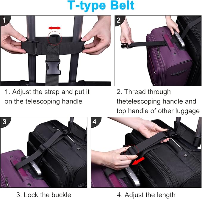 Wisdompro 2 Pcs Add a Bag Luggage Strap, Heavy Duty Adjustable Suitcase Belt Travel Attachment Travel Accessories for Connecting Your Luggage Together - Black (T-Type and Normal)