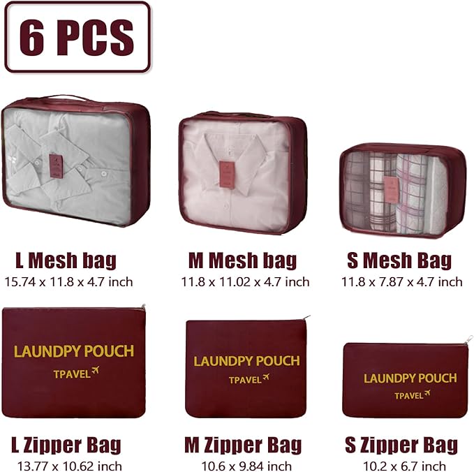 6 Set Packing Cubes for Travel Luggage Packing Bags Reusable Waterproof Suitcase Organizer Bags Set with Shoe Bag and Toiletry Bag (Wine Red)