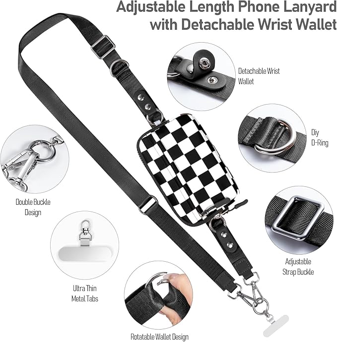 Tiostep Clip and Go Strap for Phone with Wallet Crossbody Phone Lanyard and Detachable Checkered Bag with ID Window and RFID Pouch for Daily Travel.