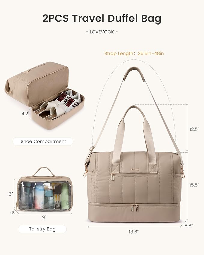 LOVEVOOK Travel Duffle Bag,Puffer Weekender Bags For Women with Shoe Compartment,42L Carry On Overnight Duffel Bag For Airplanes,Hospital Bag for Labor and Delivery,2Pcs Set