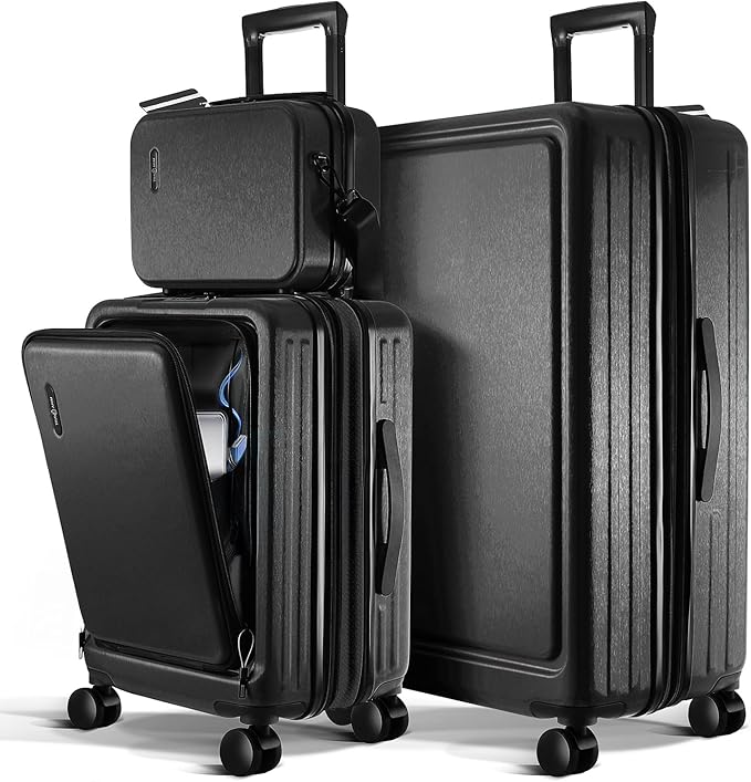 Luggage Sets 3 Piece, 20 Inch Carry on Luggage and 28 Inch Suitcases with Wheels Spinner, Durable Hard Shell Suitcase Set, Expandable Travel Suitcase, Jet Black
