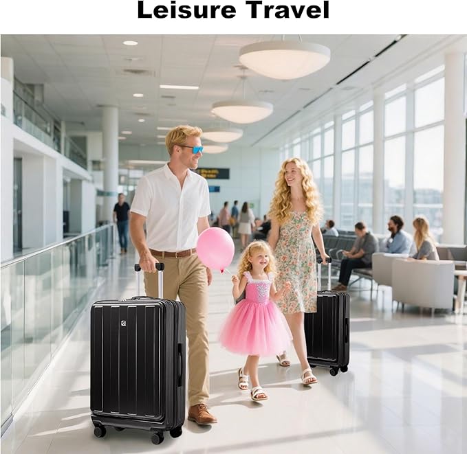 Gets Carry on Luggage Airline Approved,20 Inch Abs+Pc Hardshell Spinner Luggage With Cup Phone Holder and USB Charger,Front Pocket Durable Suitcase for Women Men-Black