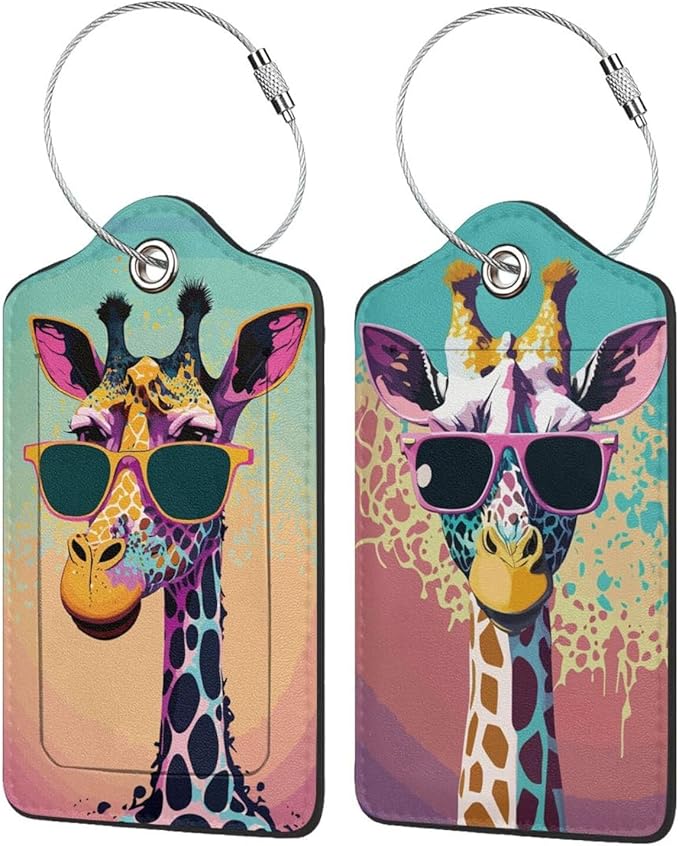 2P Giraffe Luggage Tag for Suitcase, Cute Unique Leather Bag Tags Identifiers Privacy Cover ID Label with Durable Steel Loop for Women Men Kids Girls Travel