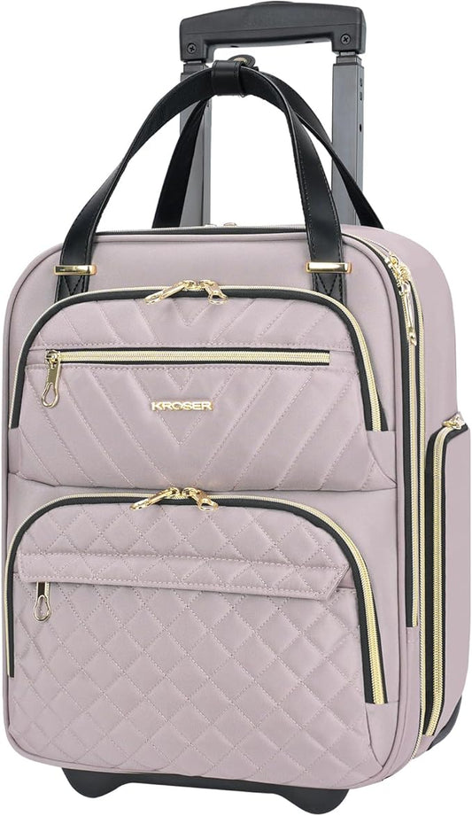 KROSER Carry On Underseat Multi-functional, 16-inch Underseater Lightweight Overnight Suitcase for Women, Dusty Pink/Gold