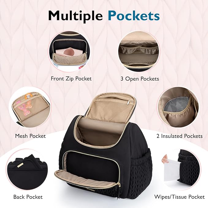 mommore Diaper Bag Backpack, Stylish Travel Baby Bag with Insulated Pockets, Changing Pad and Stroller Straps for Toddler (S-Black, Small-17L)