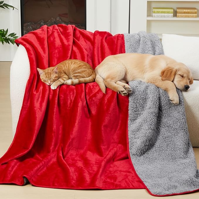 King Size Waterproof Blanket for Bed Couch, 82'' x 82'' Double Side Leakproof Reversible Sherpa Flannel Fleece 3-Layer Lightweight Blanket, Absorbs 80oz(Red/Gray), Machine Washable