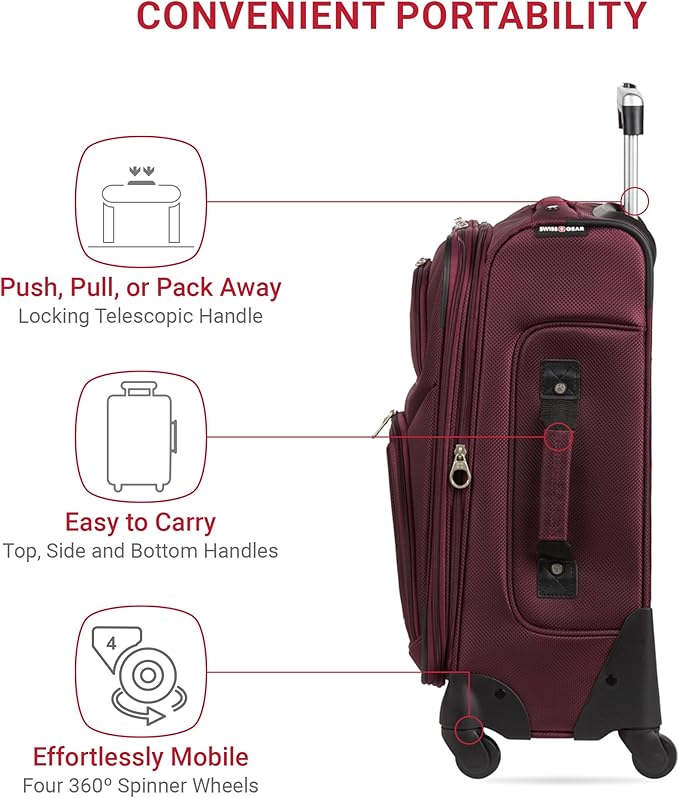 SWISSGEAR Sion Softside Expandable Spinner Luggage Durable Lightweight Travel Suitcase, Merlot, Carry-On 21-Inch