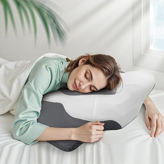 Cervical Neck Pillow for Sleeping, Memory Foam Pillow for Neck Support, Set of 2, Ergonomic Pillow for Pain Relief, Contour Bed Pillow for Side Back Stomach Sleepers, Grey, King Size