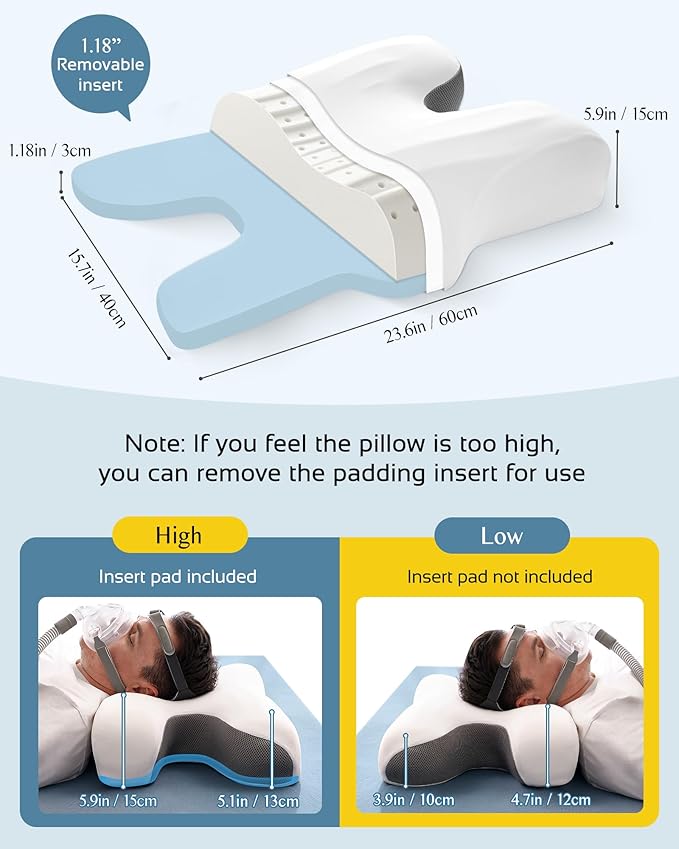 CPAP Pillow for Larger-Framed Men, Ergonomic Memory Foam Bed Pillow to Reduce Air Leaks, Facial Pressure, Height Adjustable for Side Back Stomach Sleepers, 23.6"x15.74"x5.11"/5.9"