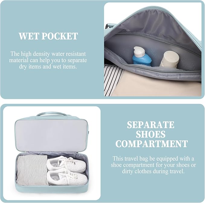 Weekender Bags for Women,Overnight Travel Duffel Bag with Shoes Compartment& Toiletry Bag,Extra Large(Light Blue)